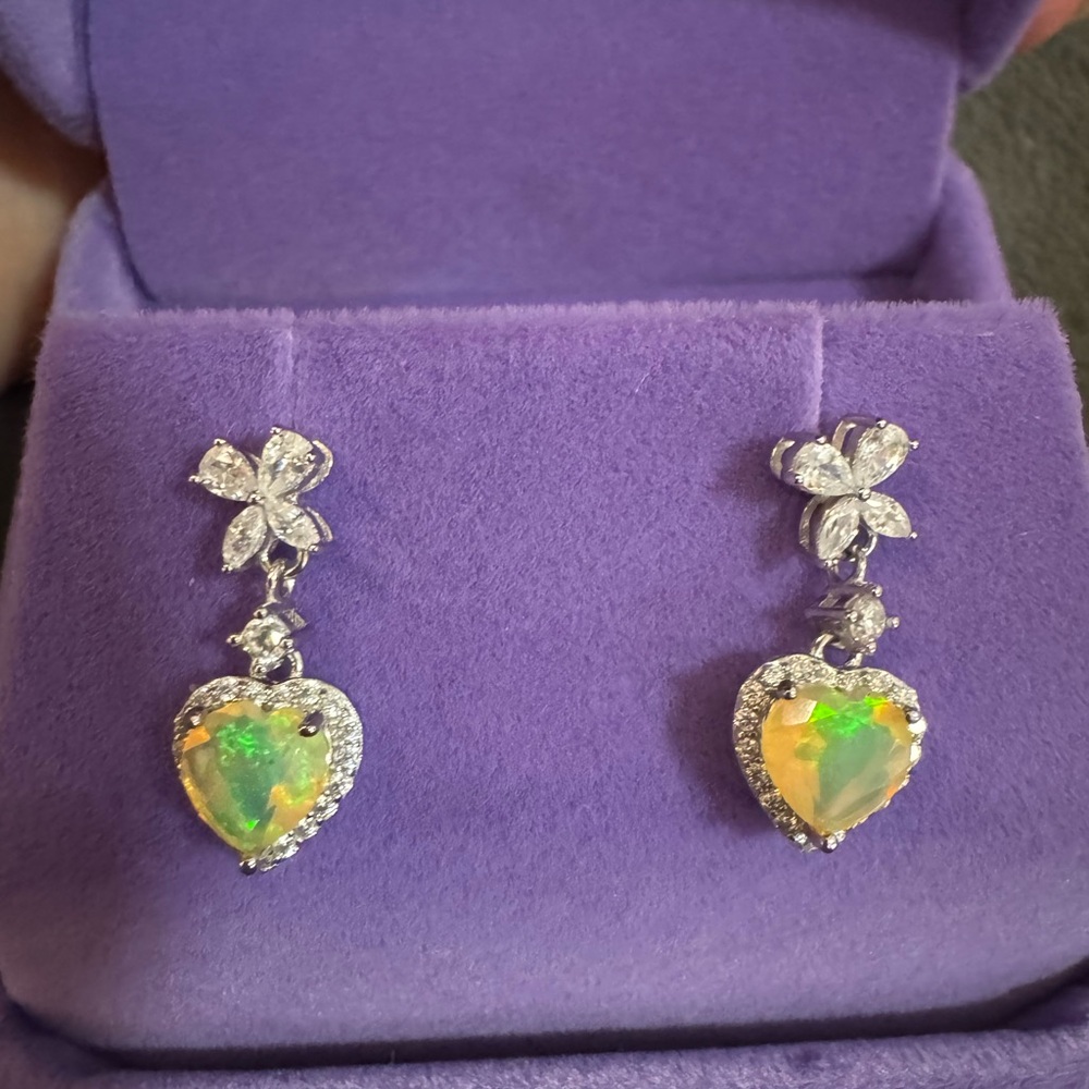 Silver 925 opal earrings heart dangle post studs white yellow